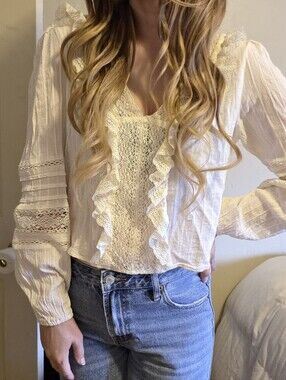 American Eagle Outfitters Cream Lace Ruffle V-Neck Blouse Cotton Blend Size M